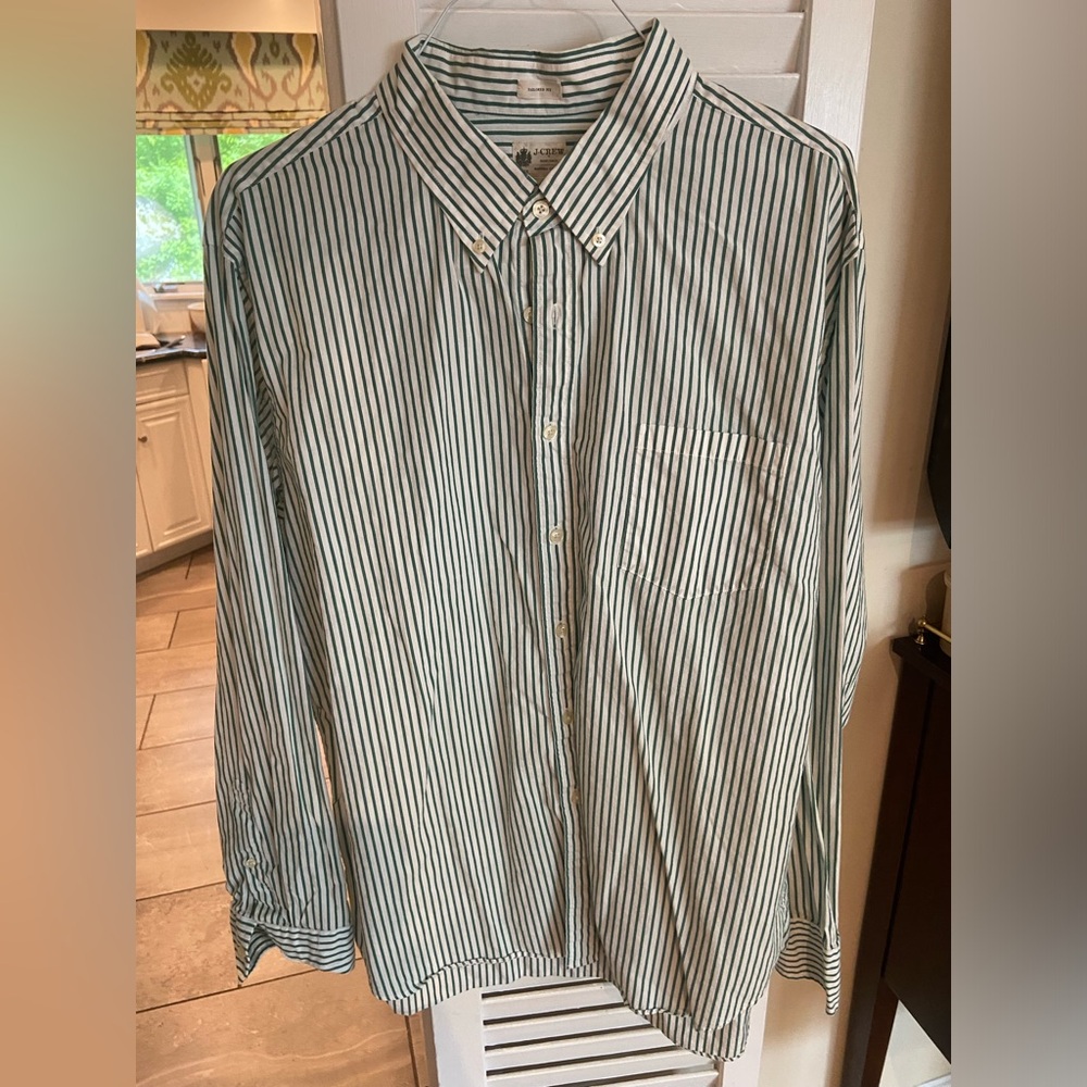 J. Crew Green and White stripe collared dress shirt.  Tailored fit XXL